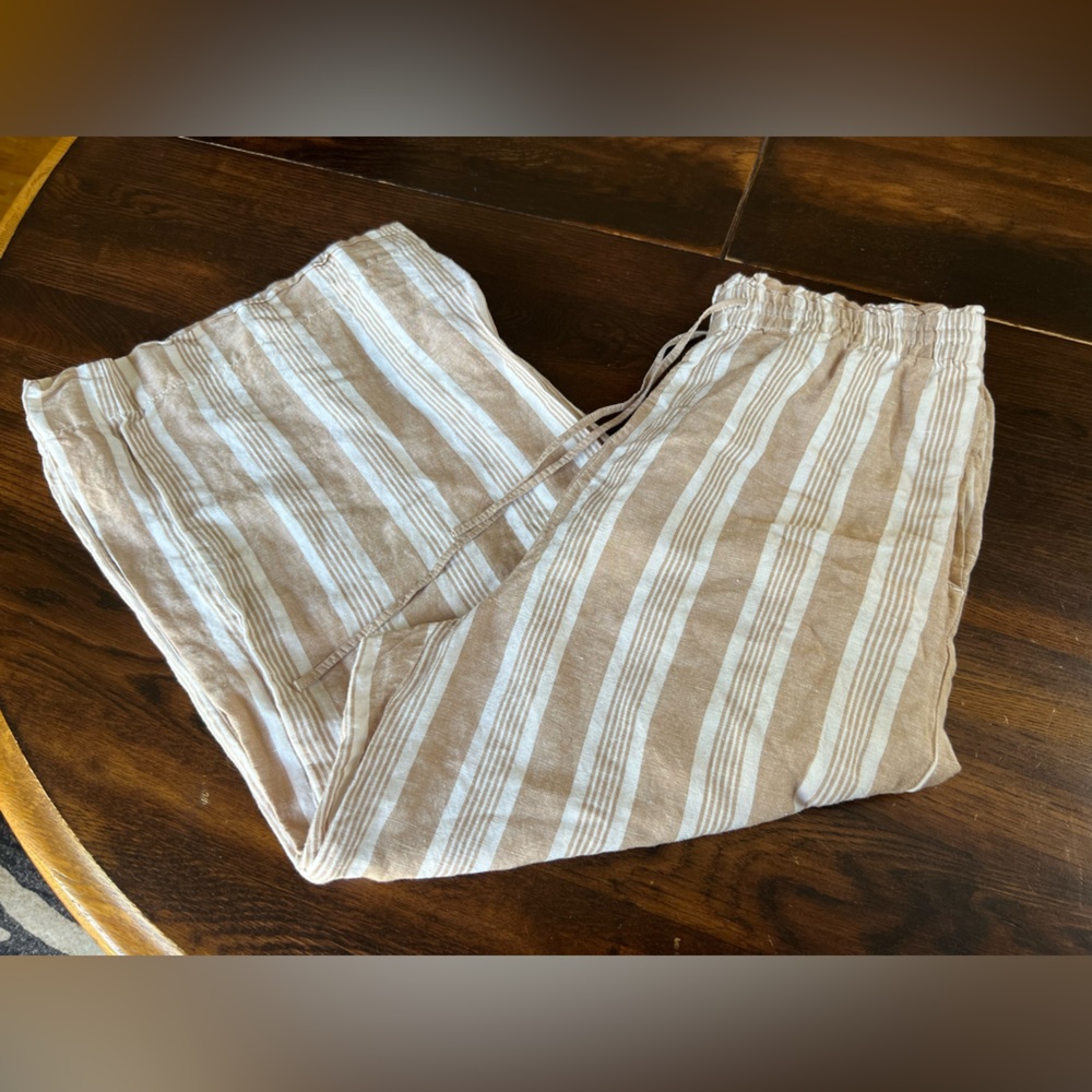 Madewell Smocked Huston Pull-On Crop Pants in Stripe Size M Linen Blend Coastal - Picture 13 of 14